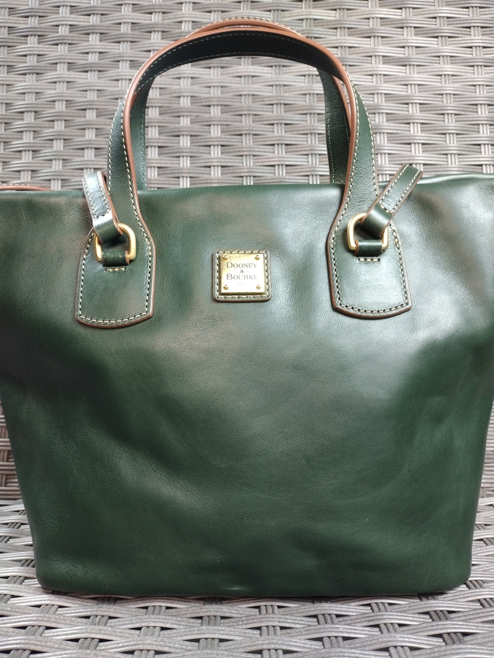 Dooney & Bourke Green Leather Satchel with Tan Trim